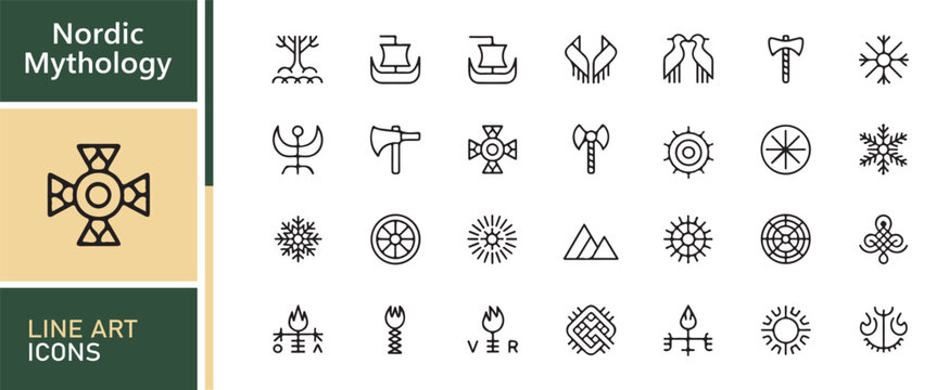 Norse Line Art Icon Bundle Featuring Mjolnir Valknut and Viking Elements