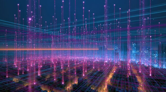 Glowing grid of digital lights, data streams, and abstract cityscape
