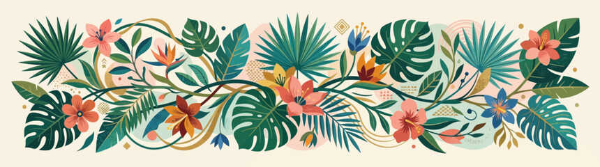 Tropical Jungle Floral Border with Exotic Leaves and Colorful Flowers © wira