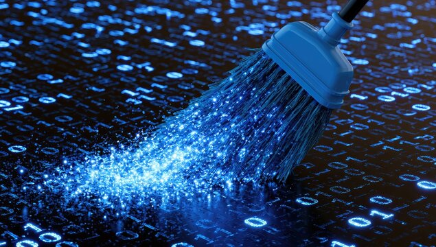 A broom sweeps across a digital landscape of glowing binary code