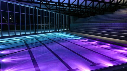 Fototapeta premium Indoor swimming pool with illuminated lanes and tiered seating at night