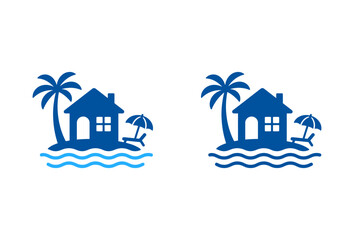Obraz premium Blue tropical beach house icon set with palm tree and ocean waves.