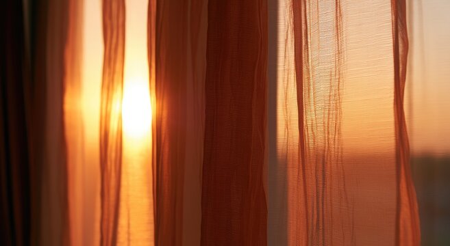 Warm sunbeams filter through sheer, vertical curtains, casting a soft glow