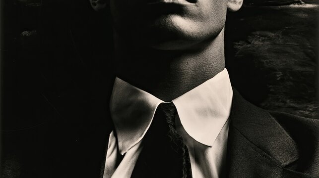 Close-up of a man's formal attire, neck, and lower face, in dramatic lighting