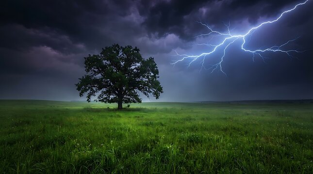 Majestic tree glowing under lightning storm. Dramatic night sky with electric bolts illuminating serene landscape.