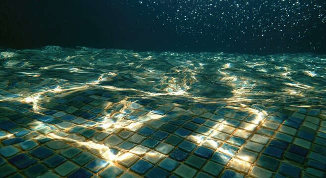 Sunlight shimmers on tiled pool bottom, bubbles rise in blue depths