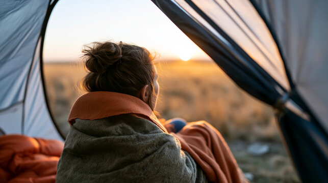 A clean geometric composition looking out from a camping tent. The open vestibule frames a small, lone figure sitting with their back to the viewer. The person is cocooned in a coz