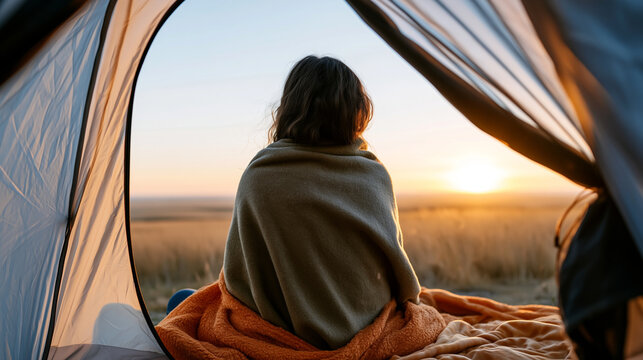 A clean geometric composition looking out from a camping tent. The open vestibule frames a small, lone figure sitting with their back to the viewer. The person is cocooned in a coz