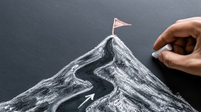 Chalk drawing of winding mountain path leading to flag