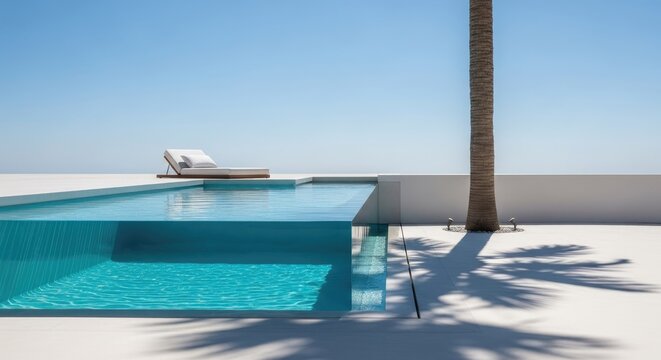 Luxury glass swimming pool on sunny minimalist white terrace.