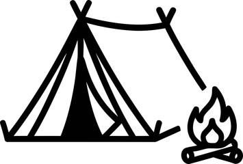 Simple illustration of a tent and campfire, minimalist camping scene icon © ipulbotak