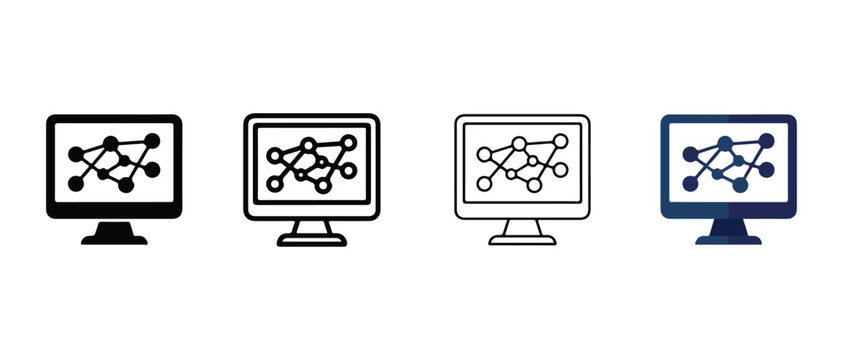 computer monitors displaying network node connection diagrams with varying styles of icons and lines isolated on transparent background