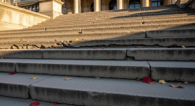 Low angle view of weathered stone staircase.