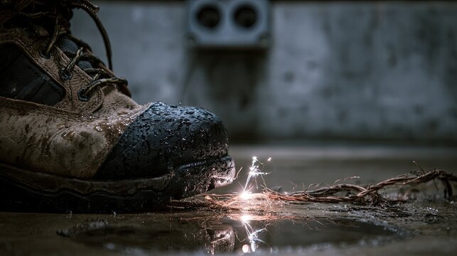 Work boot sparks fly as it meets frayed electrical wire and water