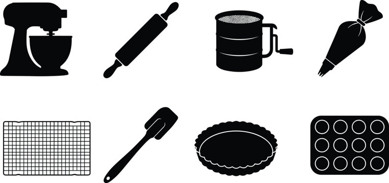 Black silhouette baking tools set including stand mixer, rolling pin, flour sifter, piping bag, cooling rack, spatula, pie pan, muffin tray