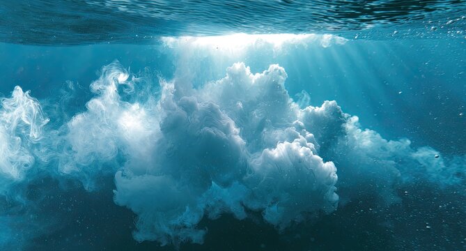Sunbeams pierce murky blue water, illuminating swirling white clouds