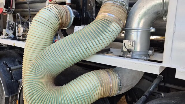 Flow of white polystyrene beads in a transparent industrial hose on a mobile polystyrene concrete mixer truck, slow motion.