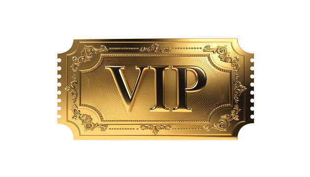 Golden VIP ticket with ornate decorative edges and embossed text isolated on white background symbolizing luxury exclusivity premium access and special membership