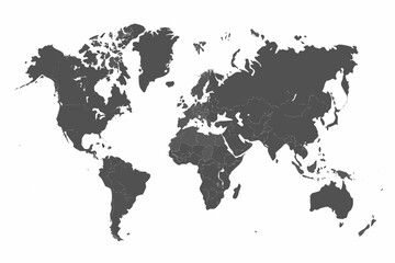 Dark gray world map silhouette against a white background depicting continents and oceans © Tasnim