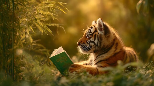 Adorable tiger cub reading a book in a lush forest symbolizing education and imagination with warm sunlight filtering through the trees