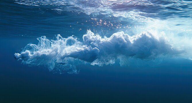 Wispy white cloud forms and dissipates in deep blue underwater