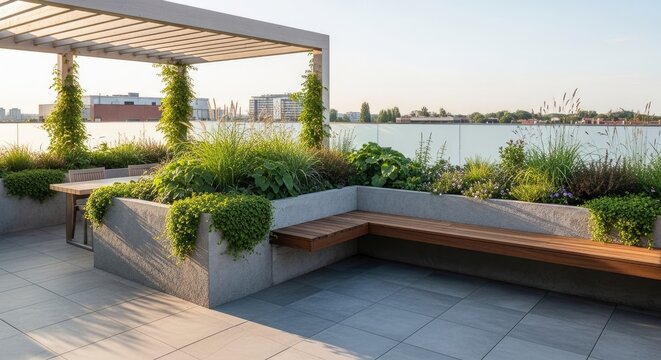 Modern waterfront roof terrace with lush plants and benches.