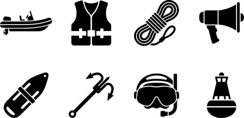 Set of marine safety and water activity silhouette icons including boat, life jacket, rope, megaphone, buoy, harpoon, snorkel, and lighthouse © SAIFUL