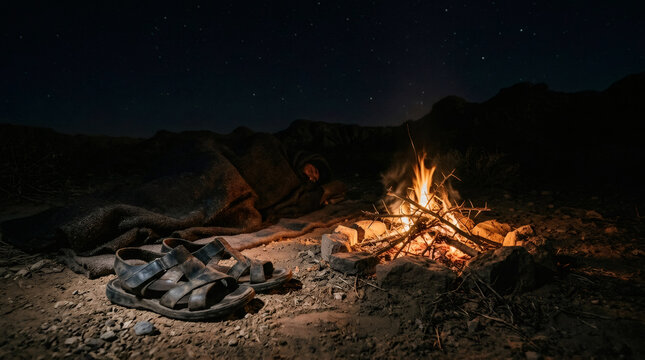 Man sleeping outdoors near burning campfire at night. Traveler resting in sleeping bag under starry sky in desert. Concept of survival, solo adventure, nomadic lifestyle and wilderness.