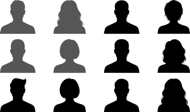 Set of male and female silhouette avatar profile icons for default user account placeholders and anonymous portraits