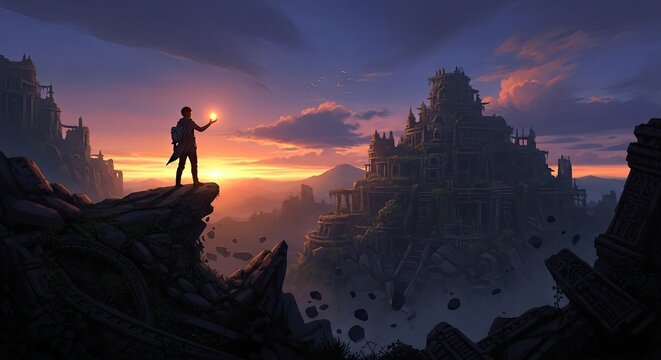 Person holding light facing floating ancient stone castle ruins.