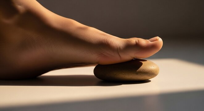 Human foot resting gently on a smooth natural stone for wellness