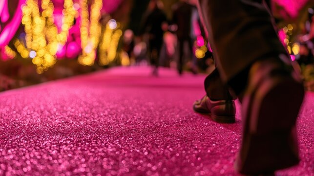 Legs walk down a sparkling pink carpet path lined with glowing yellow lights