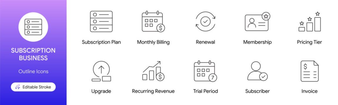 Subscription business outline icon set including recurring billing membership and pricing tiers in vector line art style