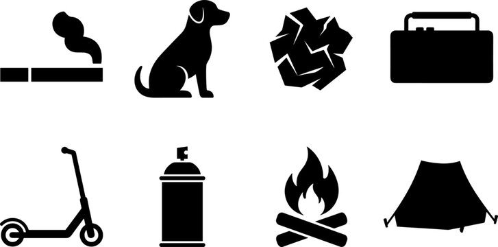 Set of miscellaneous lifestyle and outdoor icons featuring recreation camping and urban travel symbols for web design