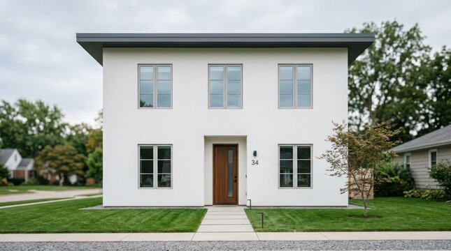 A sleek modern minimalist white house with a flat roof and green lawn on a