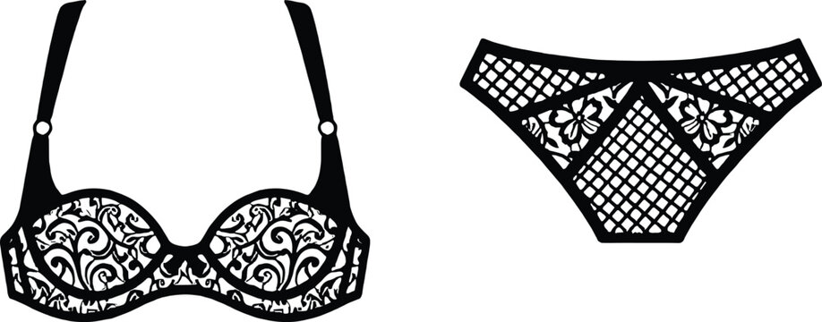 Elegant black lace lingerie set featuring patterned bra and fishnet panties vector illustration on white