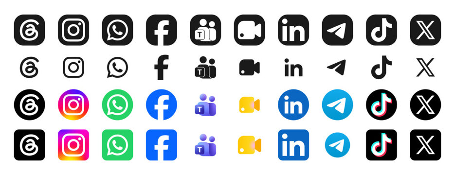 social media icons buttons , social networking apps , popular social network platforms - tiktok, facebook, instagram, threads, x, linkedin, whatsapp, telegram, microsoft teams, google meet, logo, icon