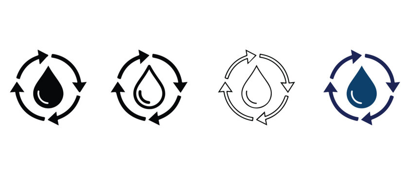 water droplet recycling and sustainability circular arrow icons isolated on transparent background