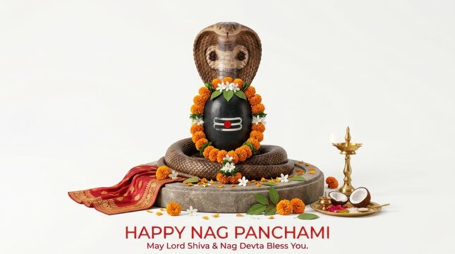 Lord Shiva Lingam with Cobra hood for Nag Panchami. Hindu festival ritual with floral garland.
