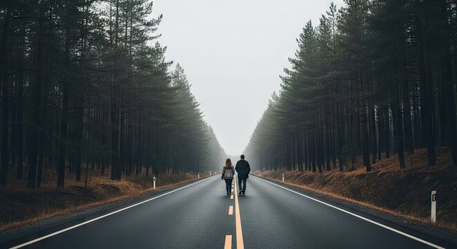 Two people walking away on foggy forest asphalt road.