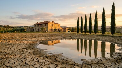 Obraz premium Tuscan villa and cypress trees reflecting in a dry pond at golden hour in I
