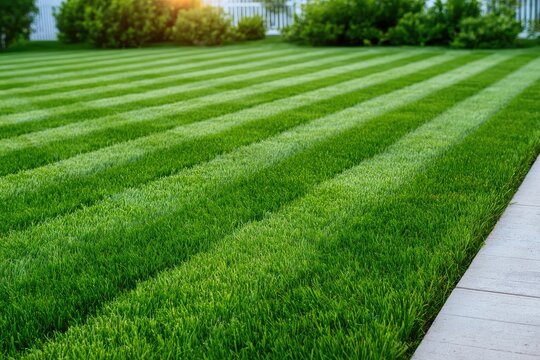 Perfectly striped, vibrant green lawn with sunlit edges and a paved walkway
