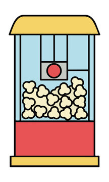 Minimalist line art of a retro popcorn machine with flat color blocks isolated on a white background, fun cinema snack concept