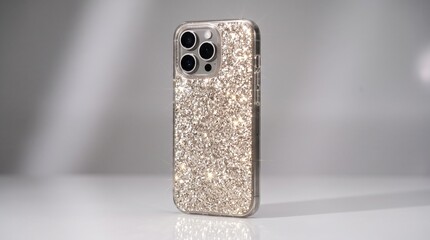 Glitter phone case standing upright on white surface. Sparkling rhinestone mobile cover with reflective shine for luxury style. © Azhar