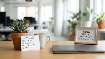 Fototapeta premium World mental health day sign with a to do list on a busy desk with a laptop and a small green plant in an office
