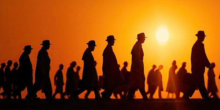 Silhouetted figures in hats and coats walk against a bright, hazy sunset
