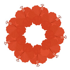 Hand drawn illustration of a round red hibiscus flower wreath. Circular floral frame for hibiscus tea packaging, cosmetics label, and invitation. © Vita Monart