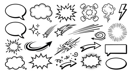 Comic speech bubble set with cloud explosion shooting star arrow speed line vector illustration element pack © RAKIB