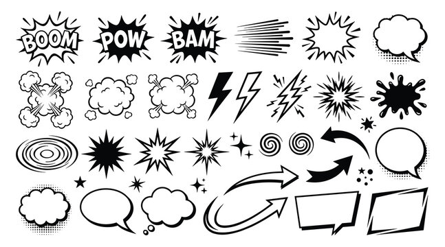 Comic sound effects set with boom pow bam speech bubble explosion vector illustration graphic element pack