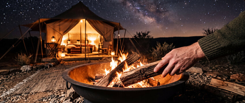 Hand placing log on campfire in front of glamping tent under starry night sky